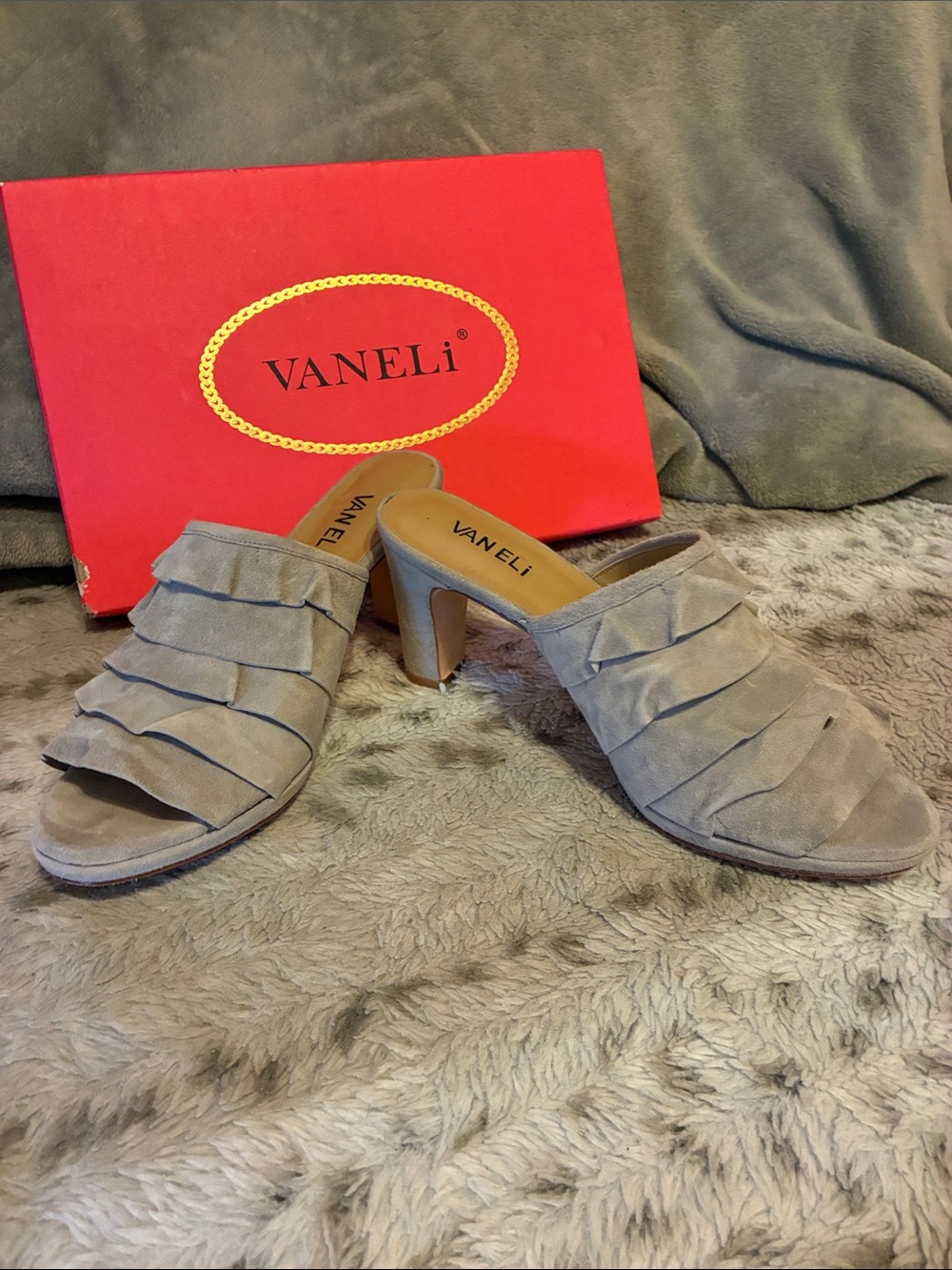Vaneli Taupe Suede Ruffle Mule Heels